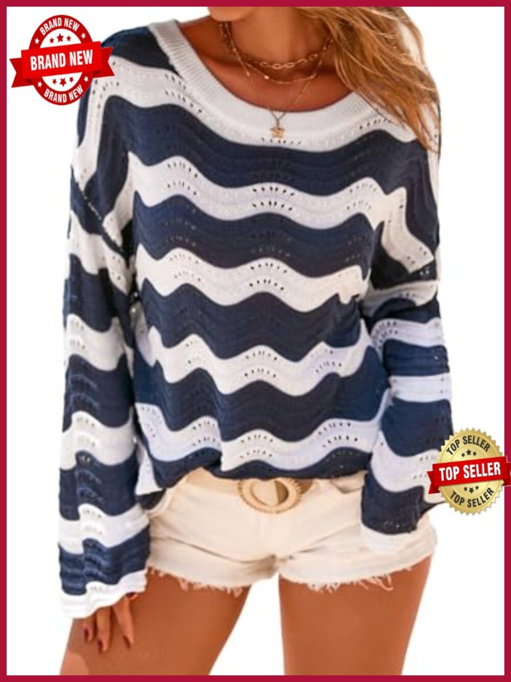 Linen Blend Crochet Bell Sleeve Striped Beach Vacation Top
